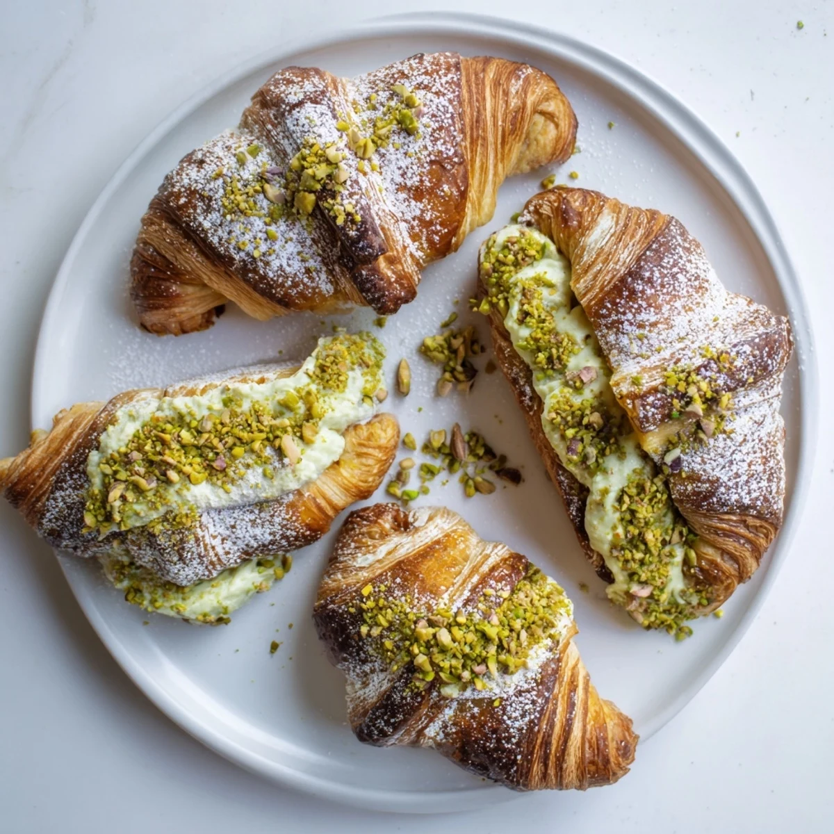 Golden flaky pistachio croissants filled with creamy green pistachio paste, dusted with powdered sugar