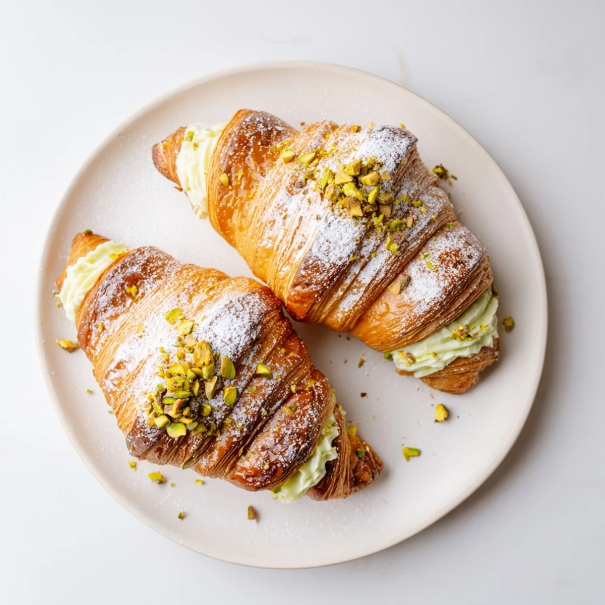 Buttery French croissants baked with luscious pistachio cream and topped with chopped nuts
