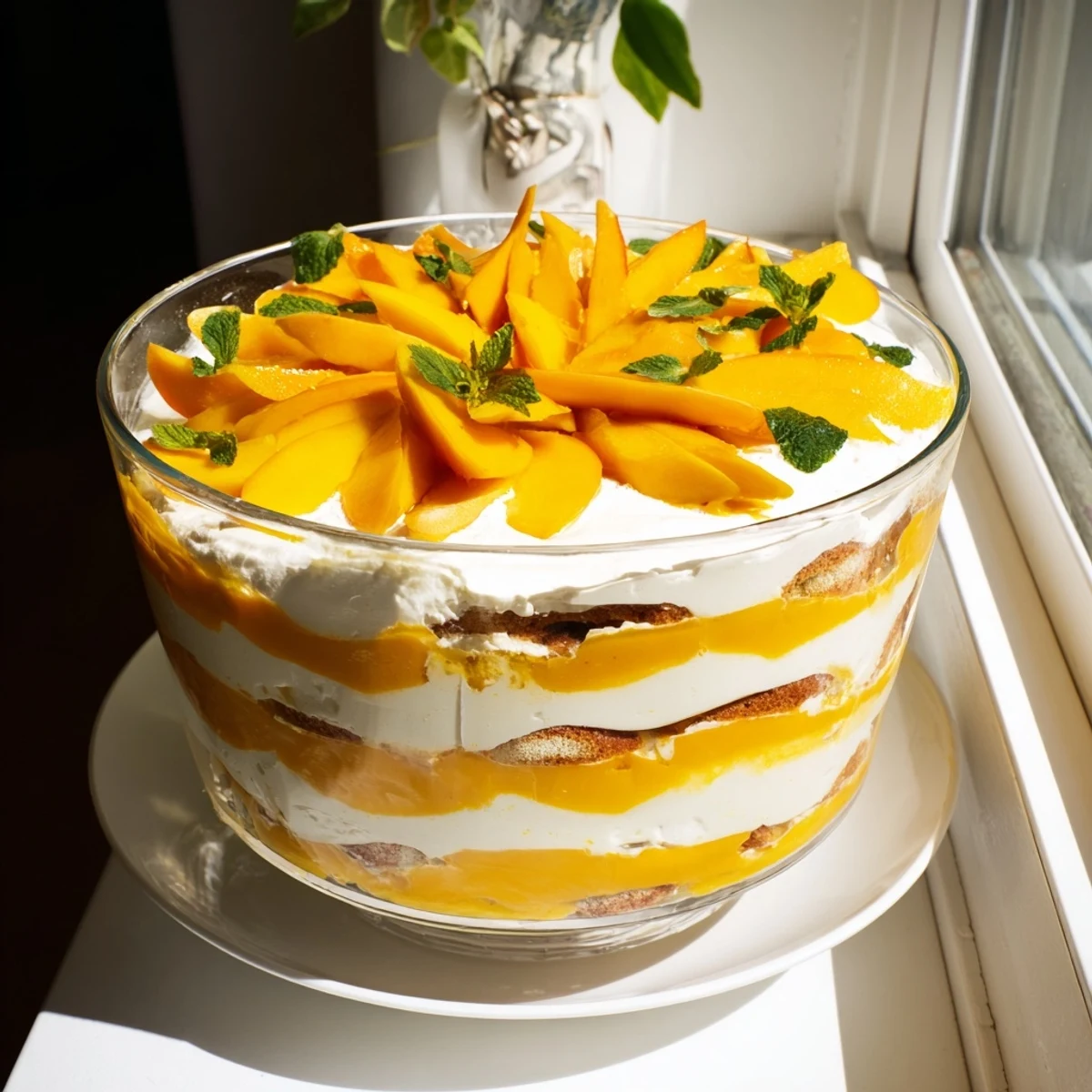 Golden mango tiramisu with layered coffee-soaked ladyfingers and fresh mint garnish