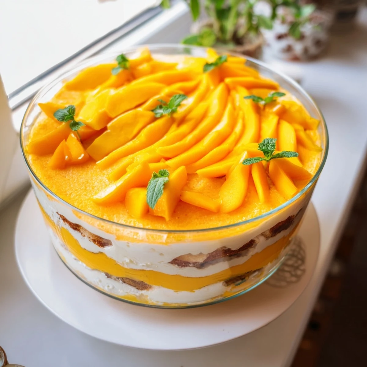 Creamy mango tiramisu dessert in a glass topped with bright mango slices