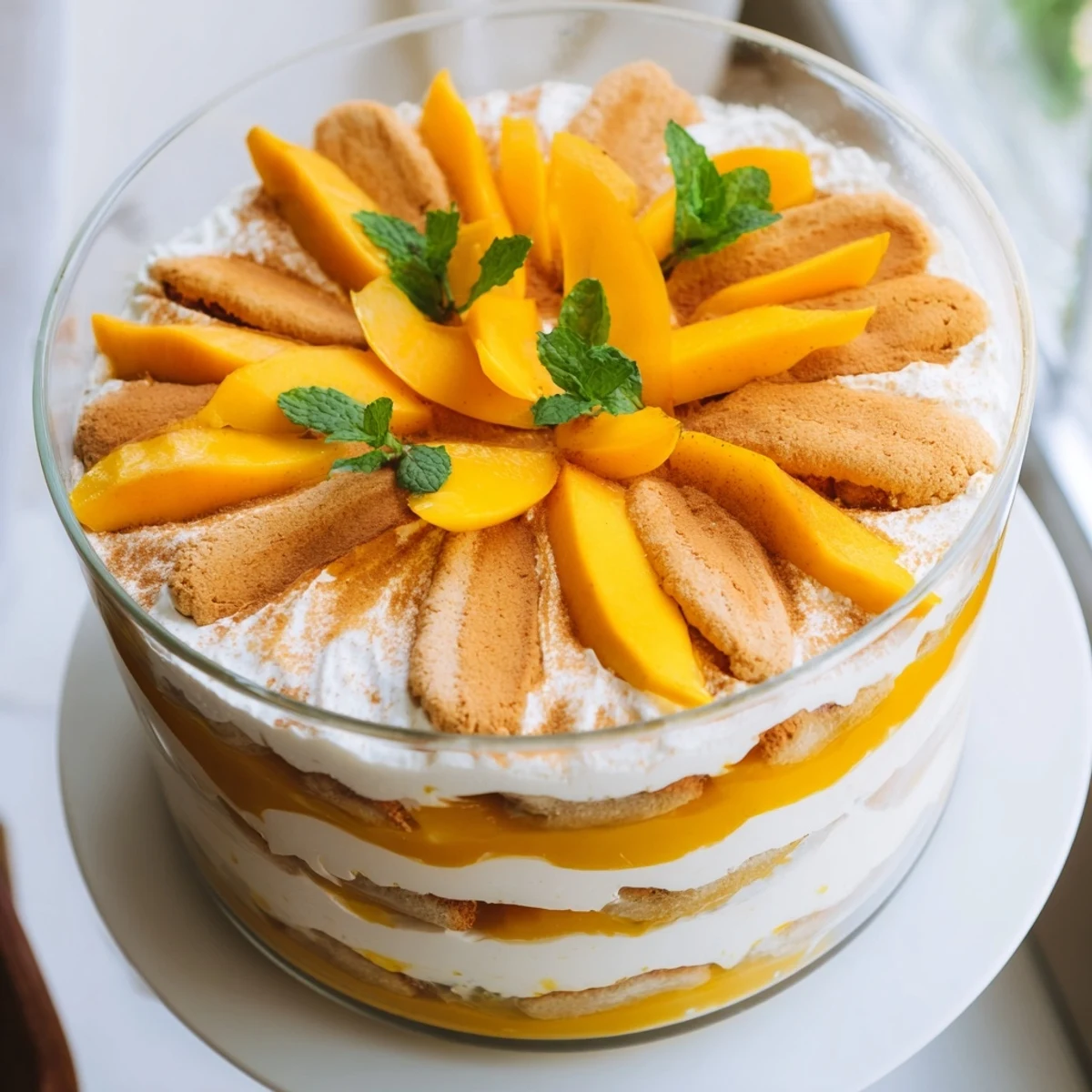 Tropical mango tiramisu with mascarpone cream and fresh mint on white plate