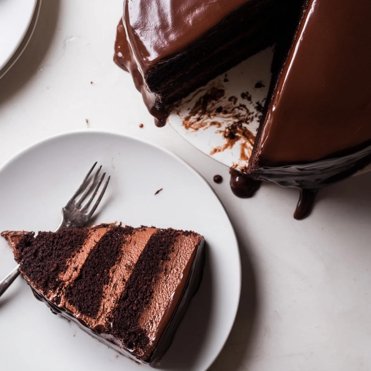 Rich dark chocolate mousse cake with glossy glaze on a white serving plate