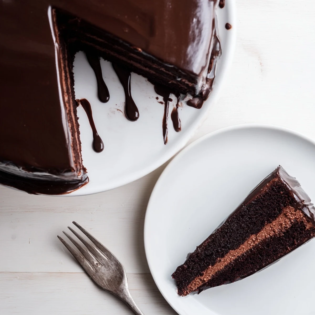 Slice of dark chocolate mousse cake showing smooth layers and shiny chocolate topping
