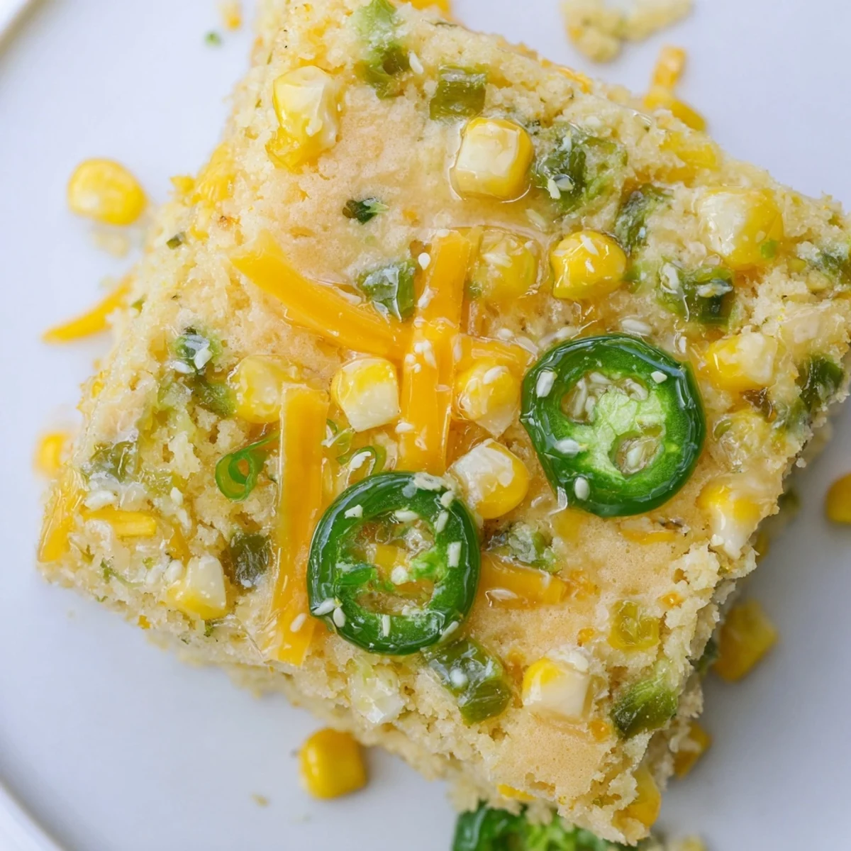 Golden spicy jalapeño cornbread squares drizzled with tangy lime honey glaze
