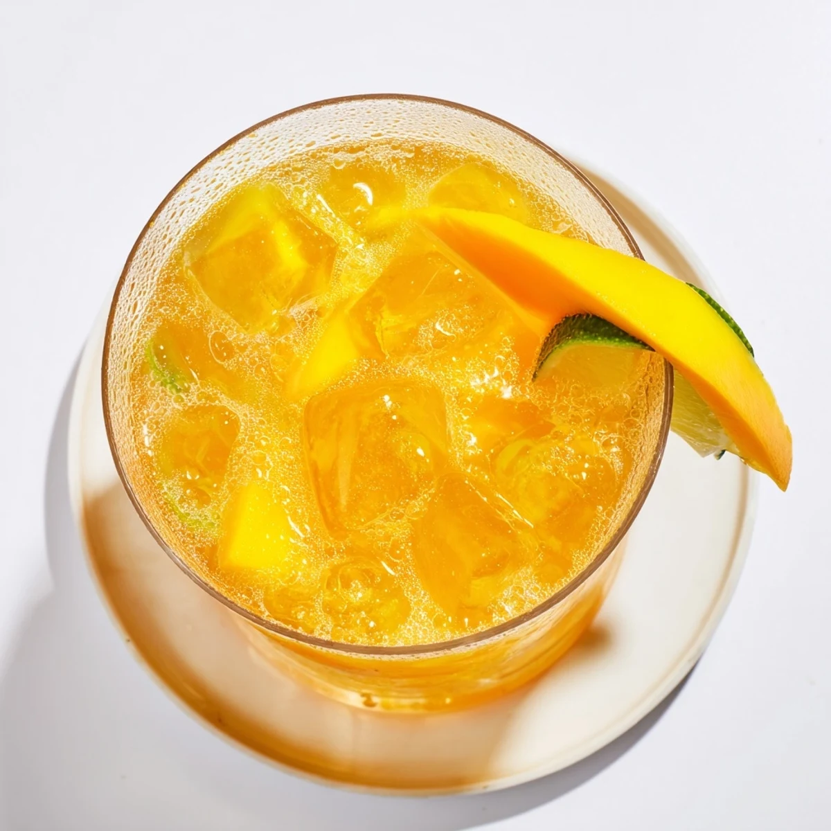 Golden mango ginger mocktail topped with sparkling water and garnished with fresh lime wedges in a clear glass