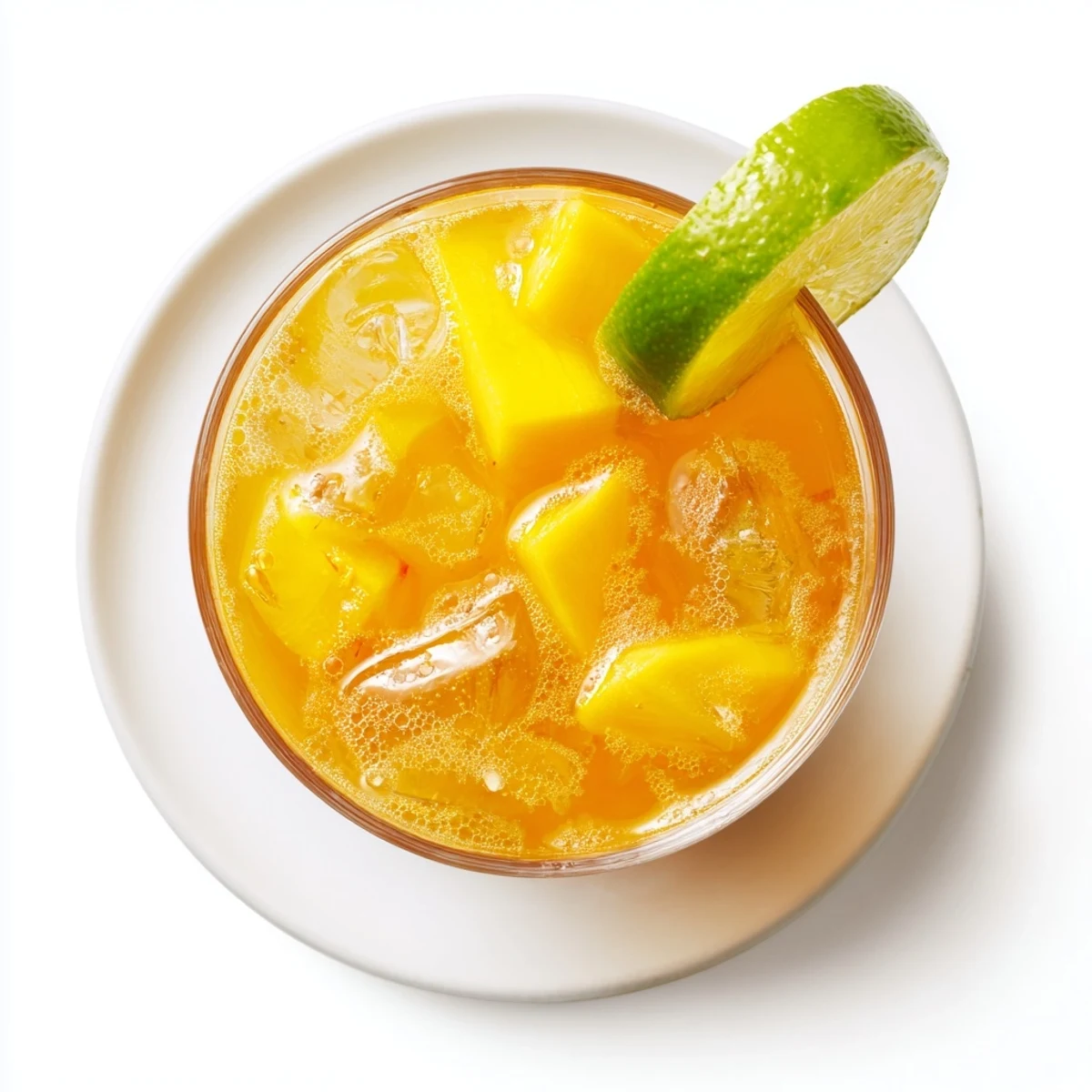 Vibrant non-alcoholic mango ginger mocktail served over ice with mint sprigs and mango slice garnish on a sunny patio table