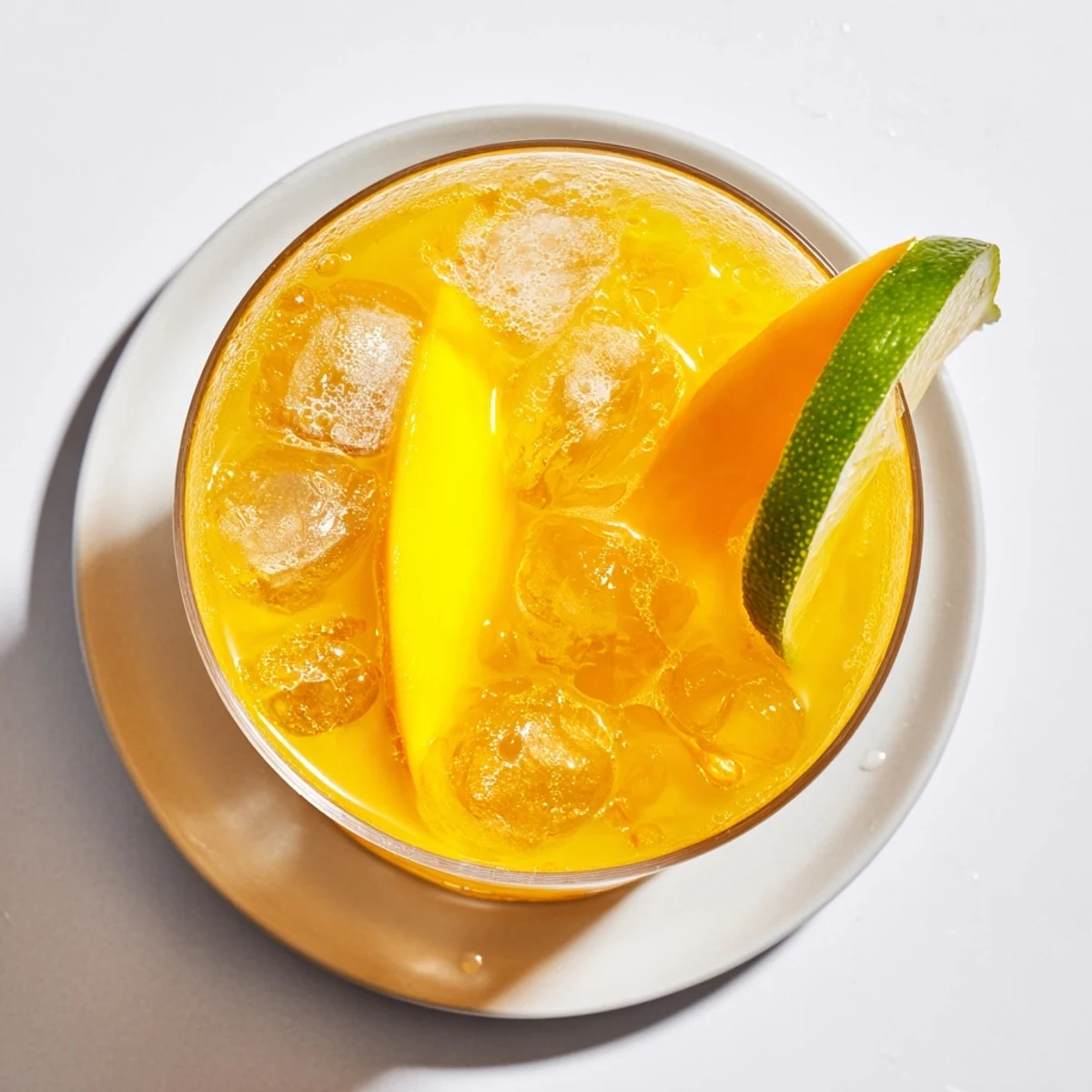 Refreshing mango ginger mocktail poured into tall glasses with effervescent bubbles rising alongside zesty lime wheel accents