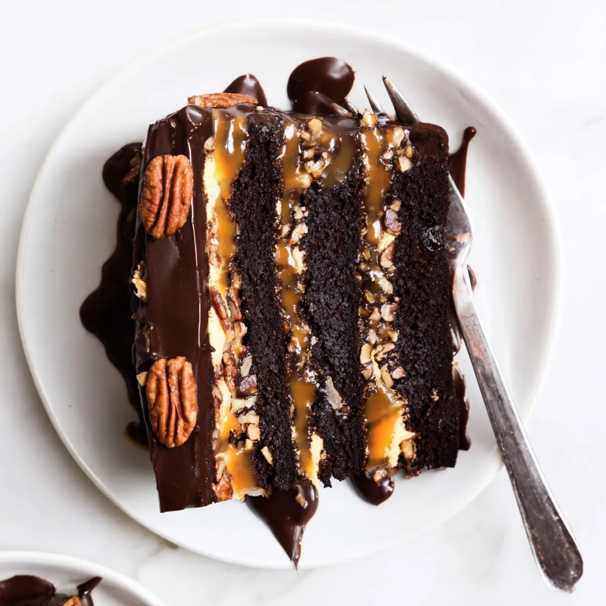 Decadent chocolate turtle cake showcasing layers of gooey caramel, toasted pecans, and glossy ganache dripping down the sides