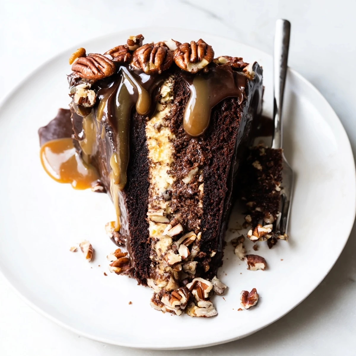 Slice of chocolate turtle cake revealing rich caramel filling and crunchy pecans between moist chocolate cake layers