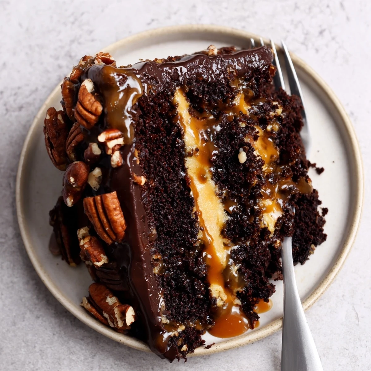 Homemade chocolate turtle cake topped with pecan halves, caramel drizzle, and velvety chocolate ganache on a serving plate