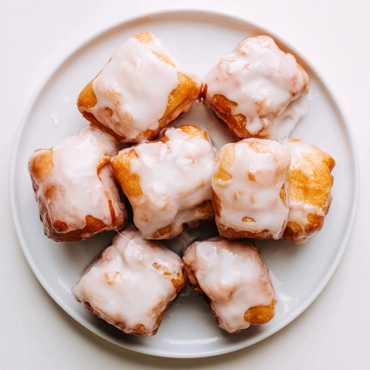 Golden glazed buttermilk beignet squares arranged on a white serving platter with powdered sugar dusting