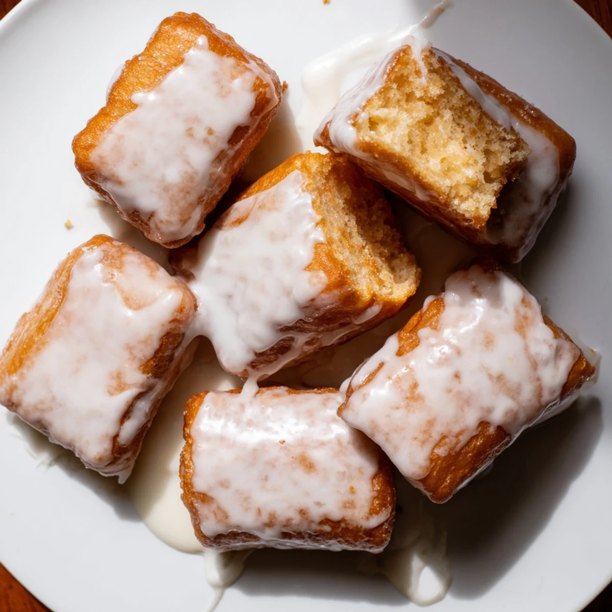 Warm glazed buttermilk beignet squares on a cooling rack with thick white vanilla coating and light dusting