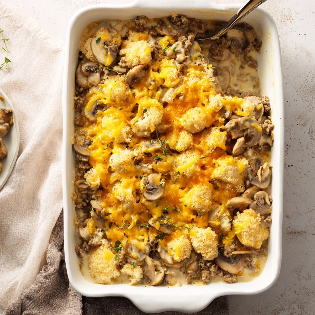 Golden topped hamburger mushroom bake casserole with melted cheddar and buttery breadcrumb crust bubbling hot