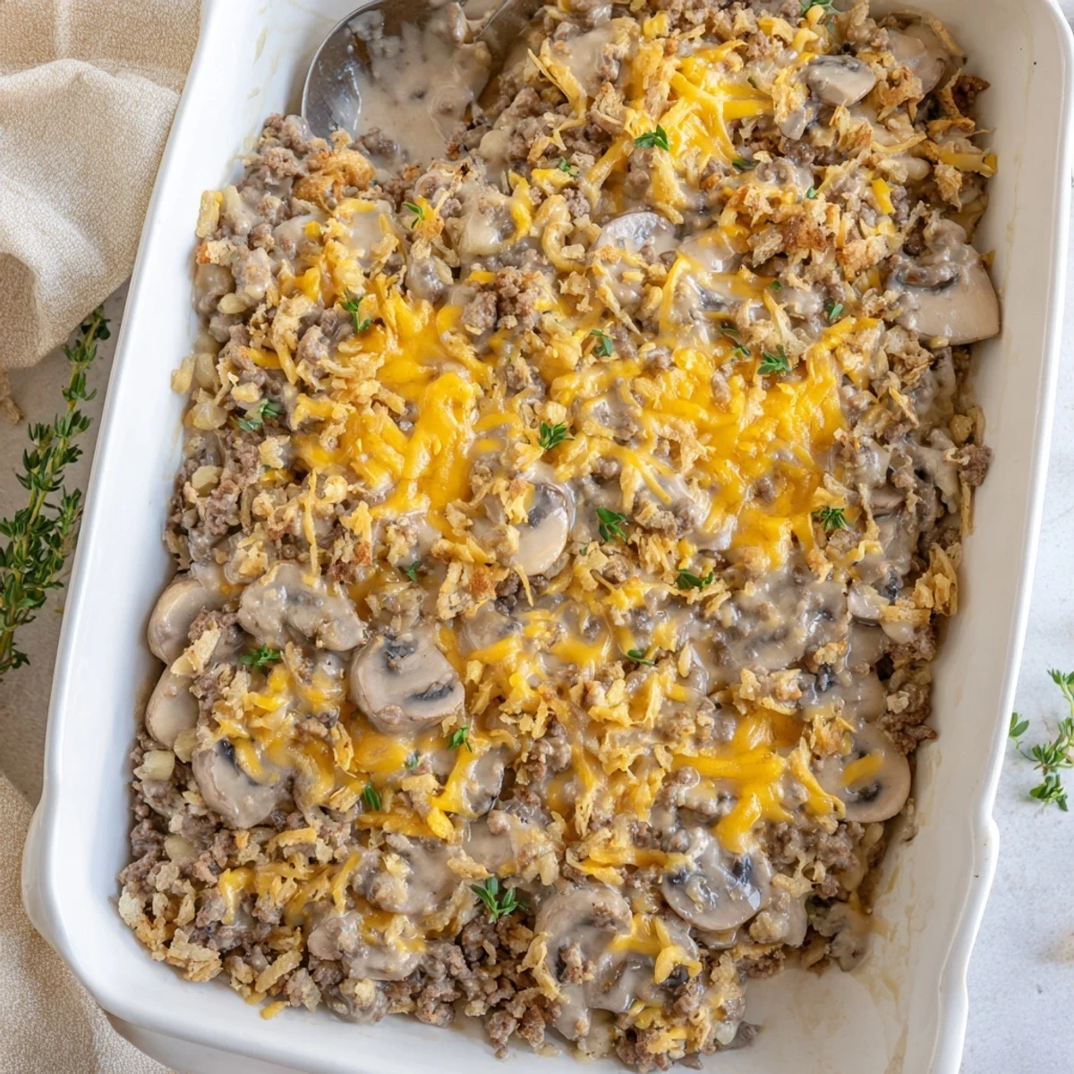 Hearty hamburger mushroom bake with golden brown crumbly topping served fresh from oven for family dinner