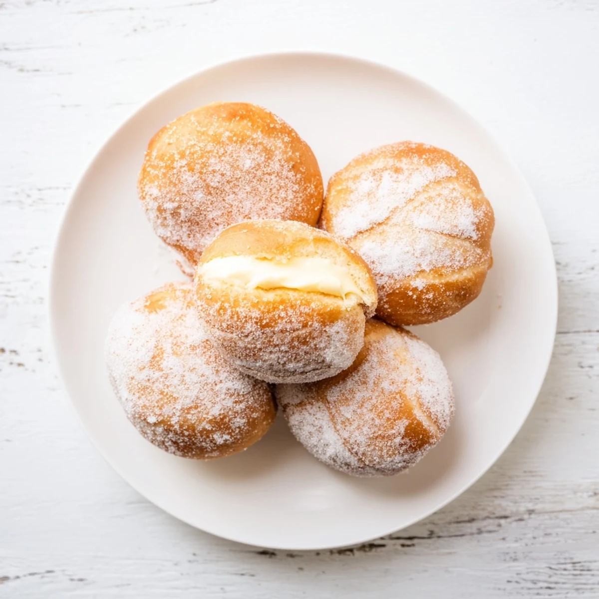 Soft Italian bomboloni cream donuts oozing rich vanilla filling on a white plate