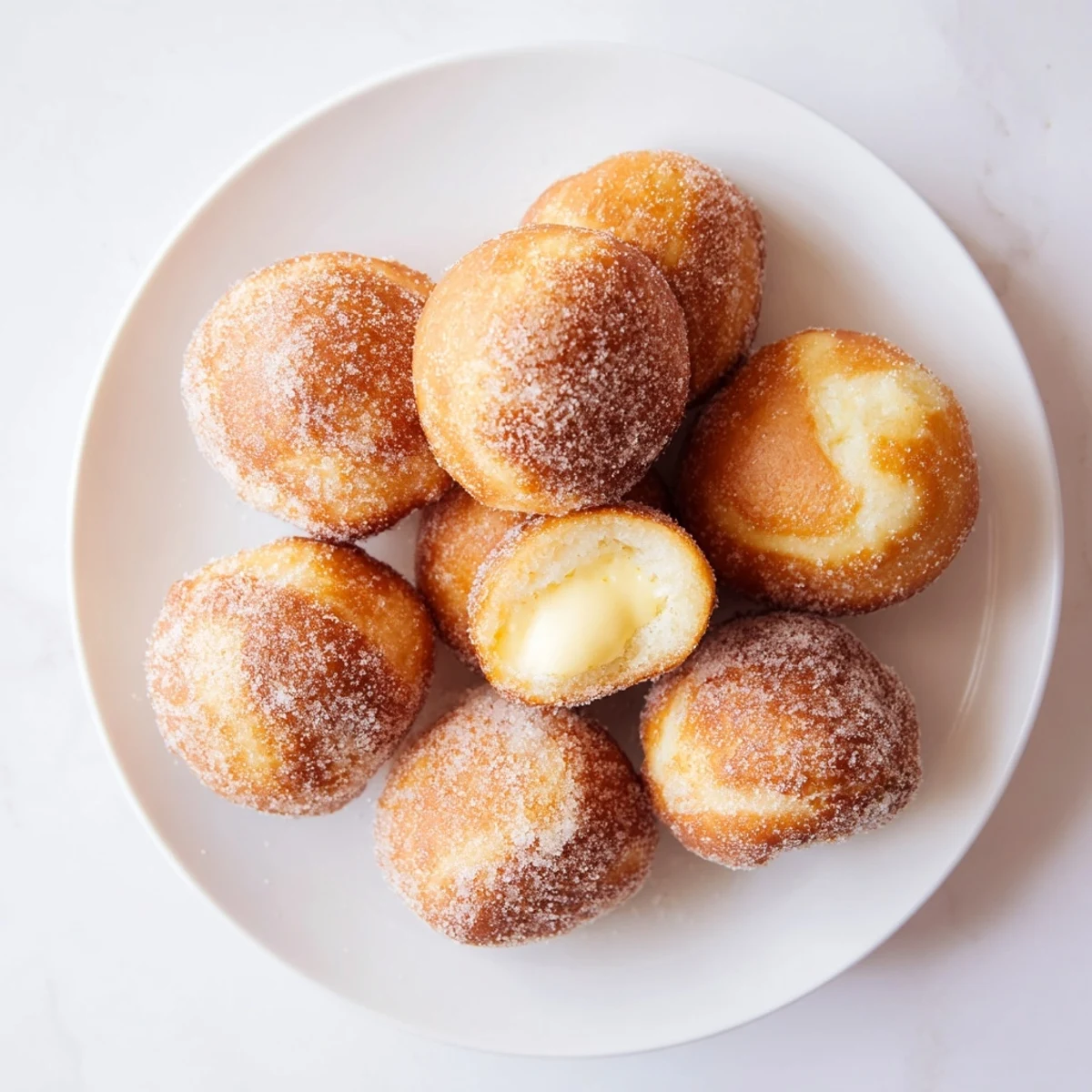 Golden bomboloni cream donuts filled with vanilla pastry cream and dusted with sugar