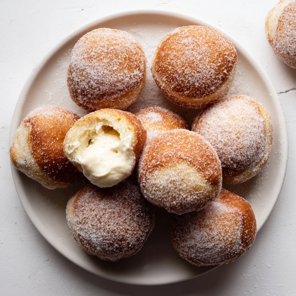 Freshly fried bomboloni cream donuts rolled in sugar with creamy vanilla center visible
