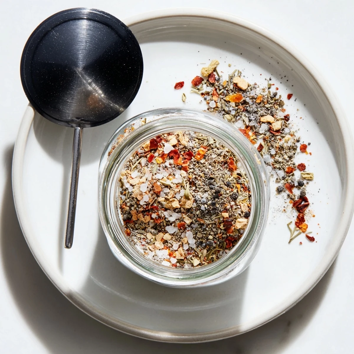 Homemade copycat Montreal steak seasoning blend in a glass jar with visible spices and herbs