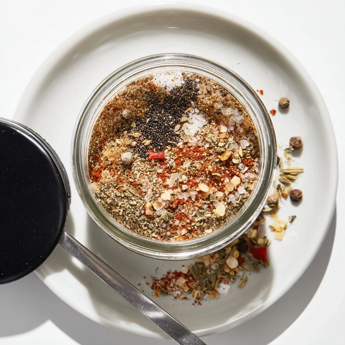 Dark speckled copycat Montreal steak seasoning generously coating a juicy grilled steak on a white plate