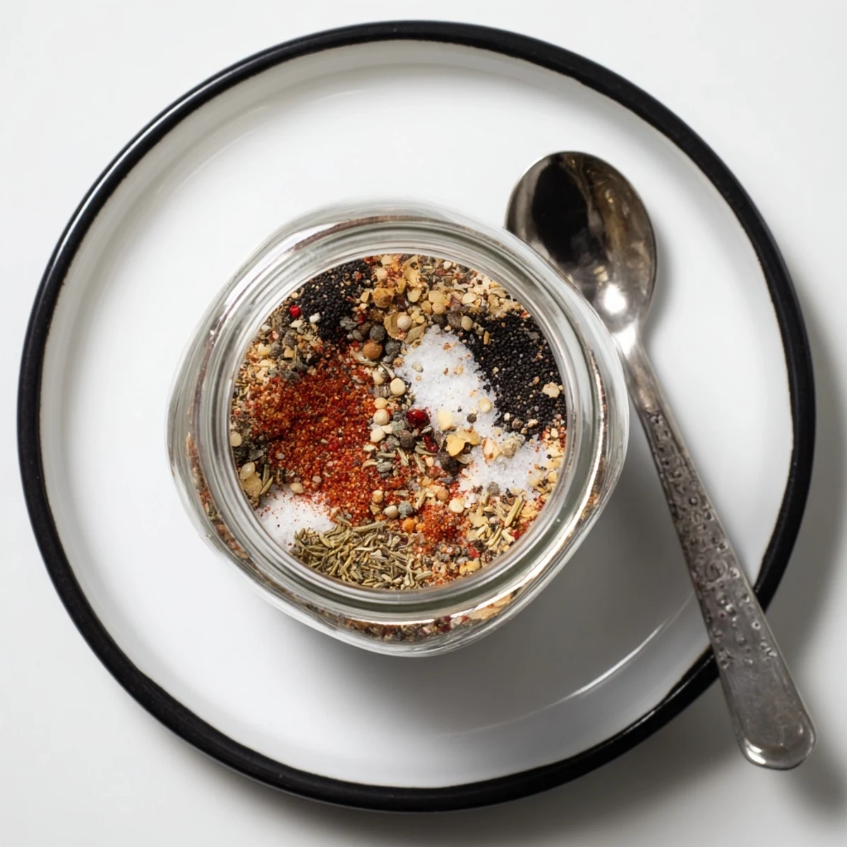 Spoonful of aromatic copycat Montreal steak seasoning sprinkled over sizzling beef steak on a grill