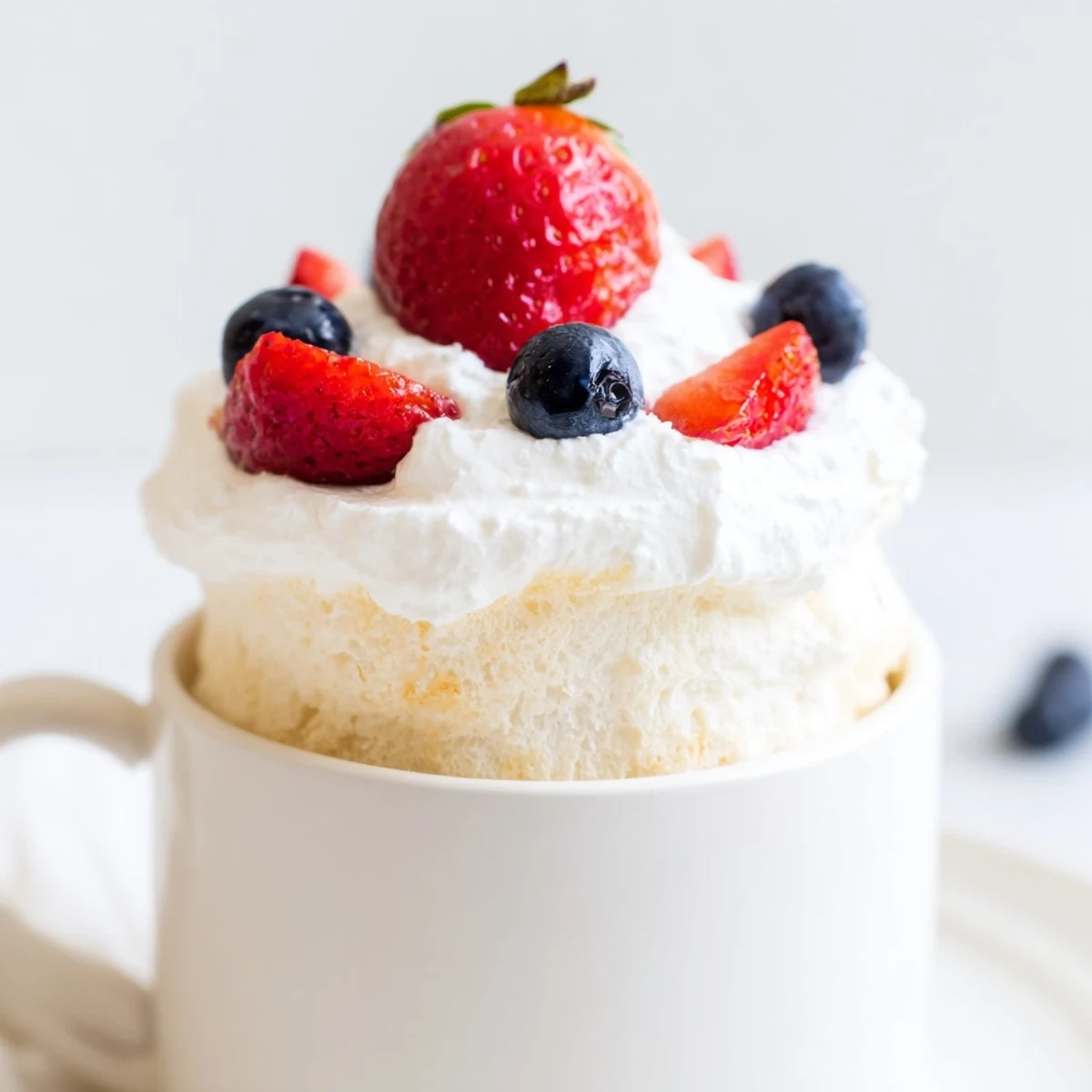 Single serve angel food cake rising from a mug with dollop of whipped cream