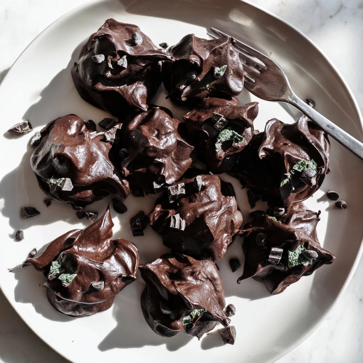 Light and fluffy dark chocolate and mint chip clouds arranged on a white baking sheet