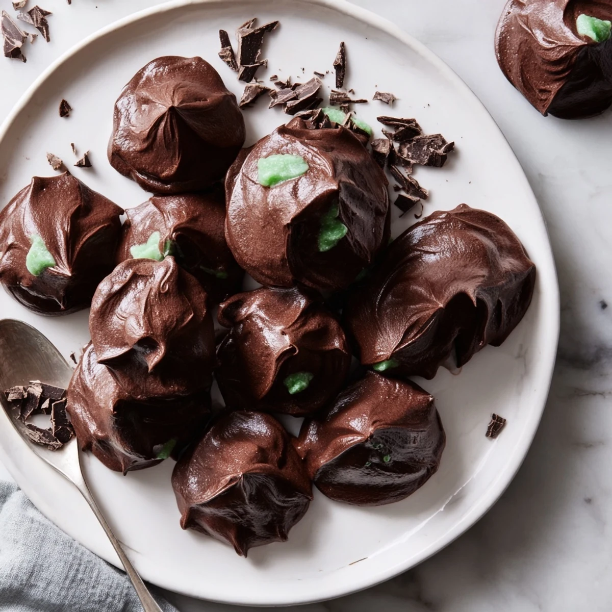 Airy chocolate meringue clouds dotted with mint chips cooling on parchment paper