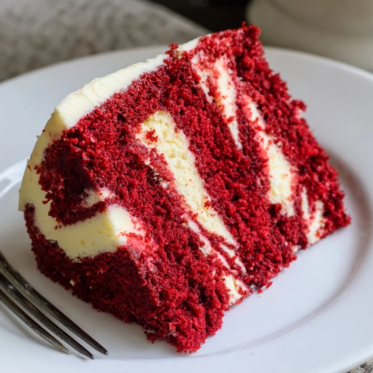 Moist red velvet cake marbled with creamy cheesecake swirls on a white serving plate