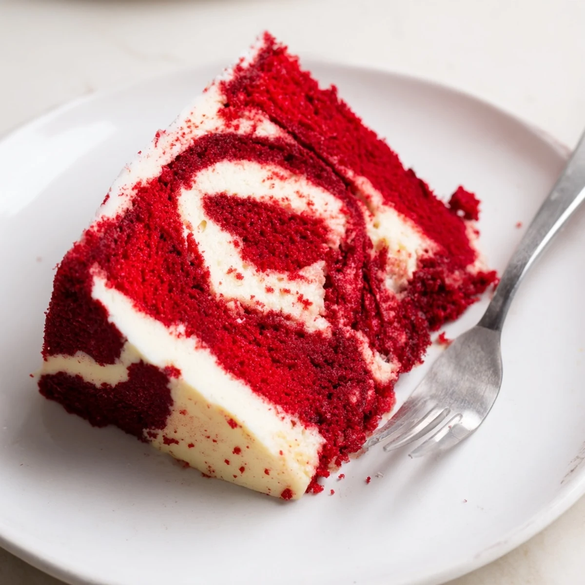 Sliced red velvet cheesecake swirl cake showing the beautiful marbled interior and fluffy texture