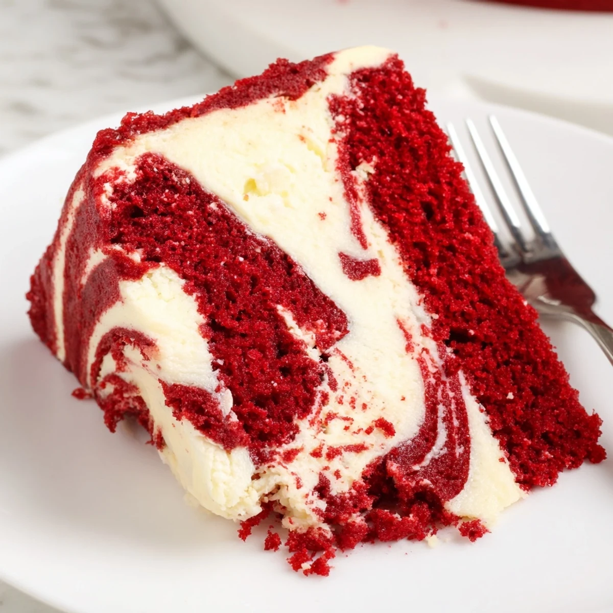 Decadent red velvet cheesecake swirl cake topped with powdered sugar ready for serving