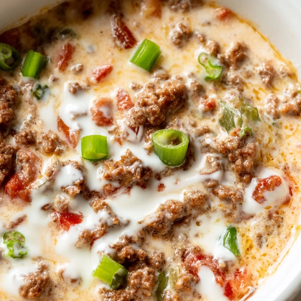 Creamy Rotel dip with ground beef bubbling in a white serving bowl topped with fresh green onions