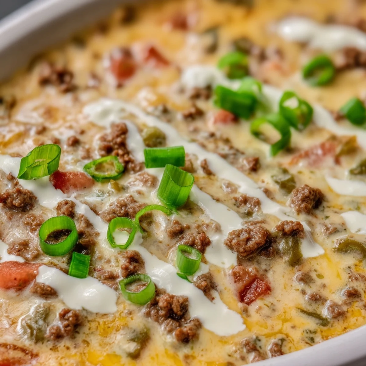 Golden tortilla chips surrounding a steaming bowl of melty Rotel dip with seasoned ground beef and melted cheese