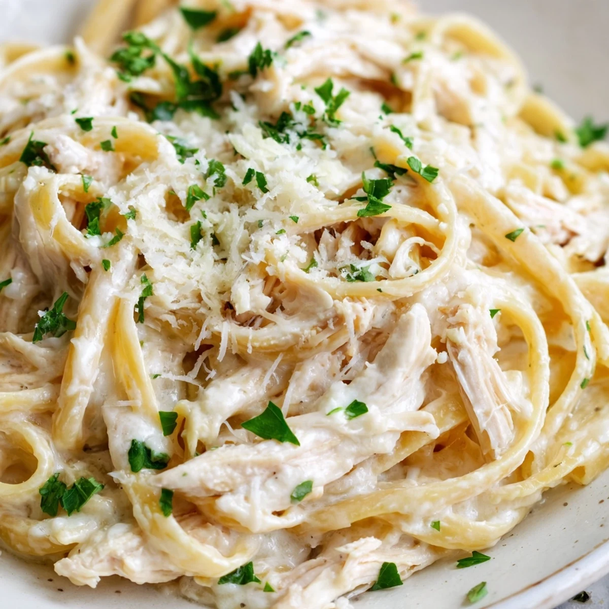 Creamy Crock Pot Chicken Alfredo with tender shredded chicken over al dente fettuccine pasta