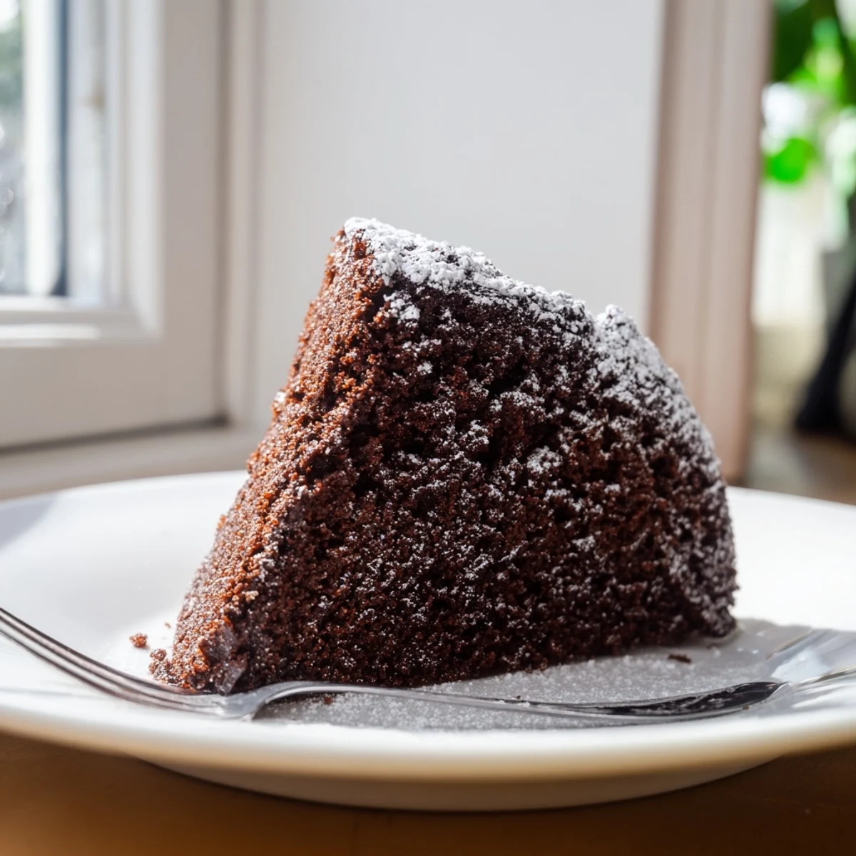 Rich air fryer Guinness chocolate cake slice topped with whipped cream and chocolate drizzle