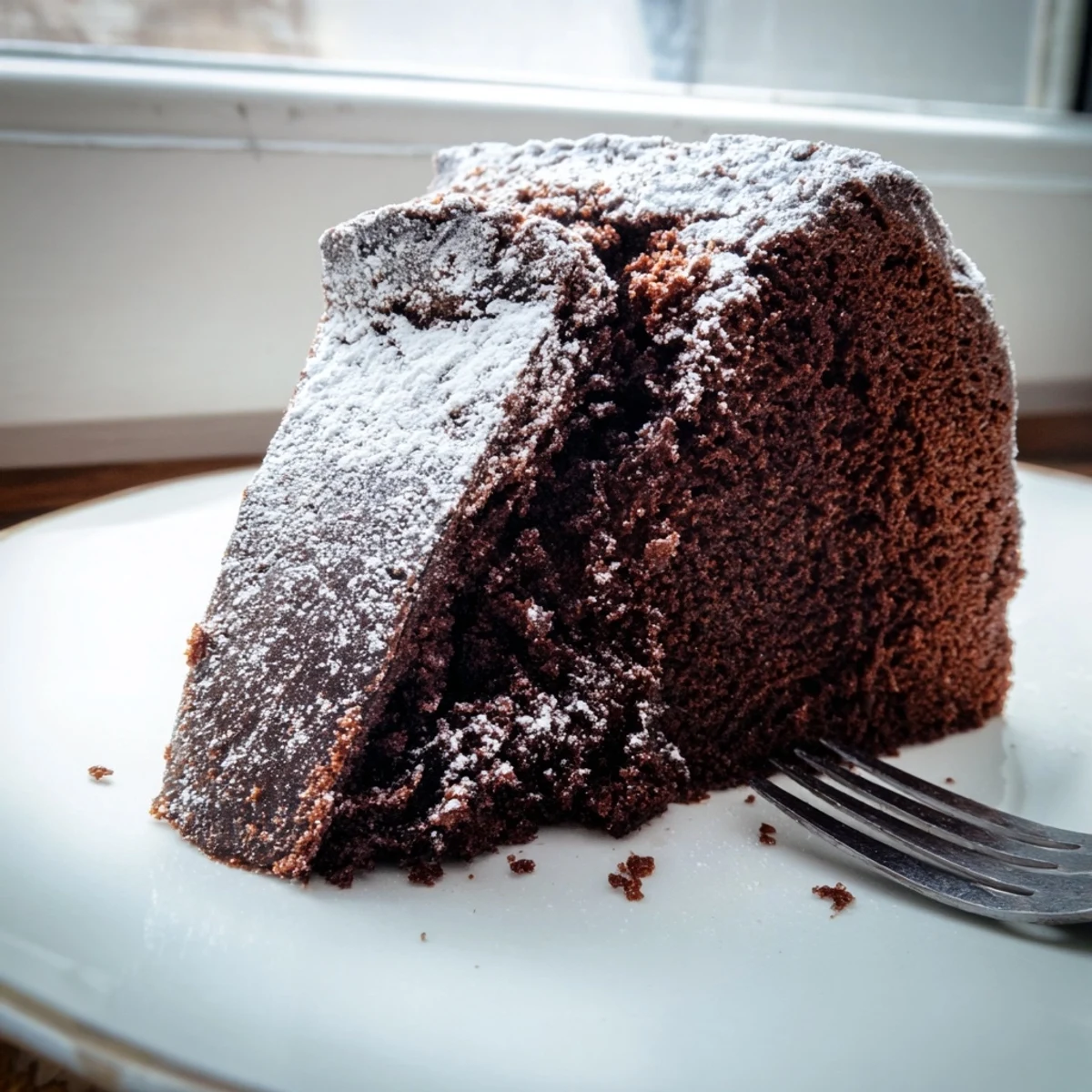 Moist Guinness chocolate cake with powdered sugar dusting, freshly baked in air fryer