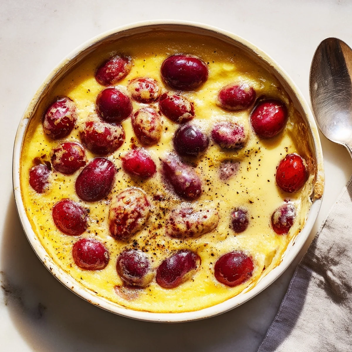 Golden cherry custard dessert with juicy red fruit baked in a creamy vanilla custard