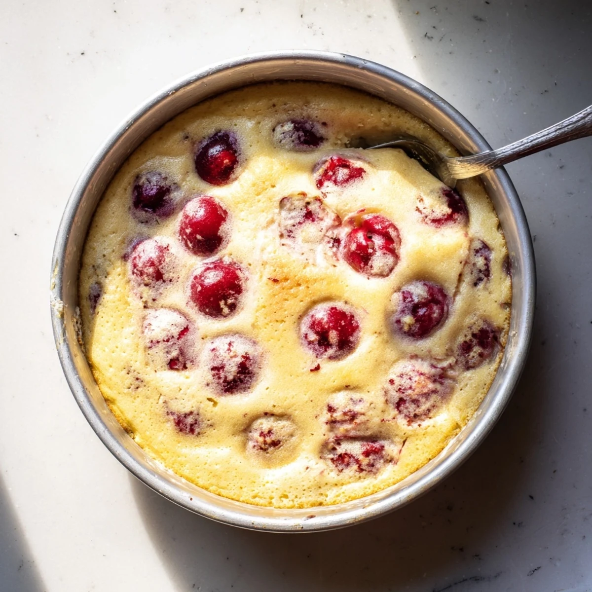 Creamy baked cherry custard topped with fresh cherries in a white round baking dish