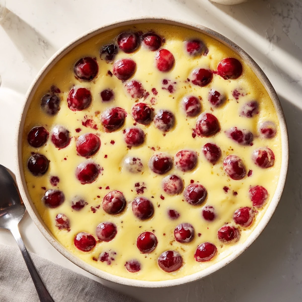 Luscious cherry custard featuring tender cherries suspended in a smooth golden egg custard base