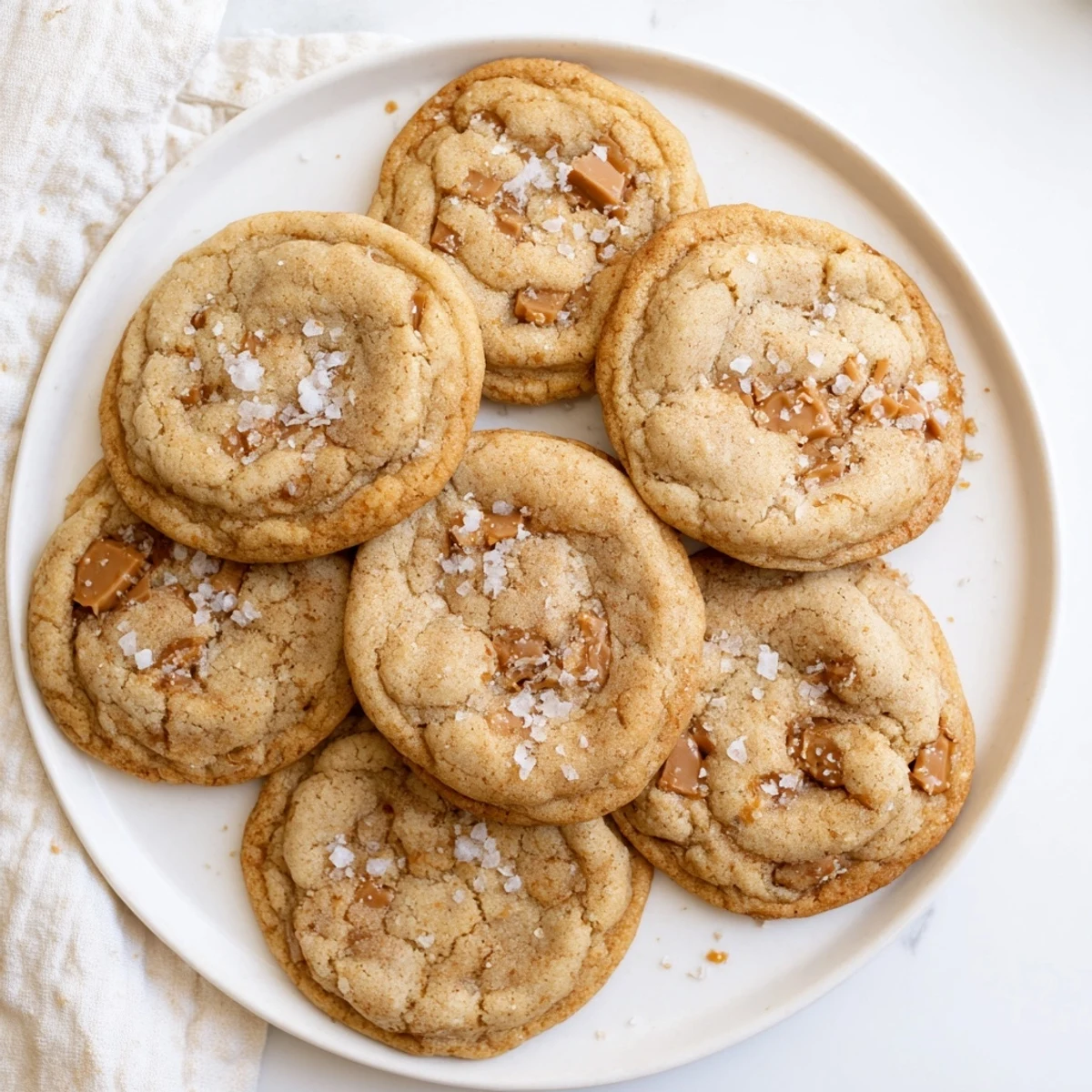 Golden brown sea salt caramel cookies with melted caramel pieces and flaky salt topping on a wire rack