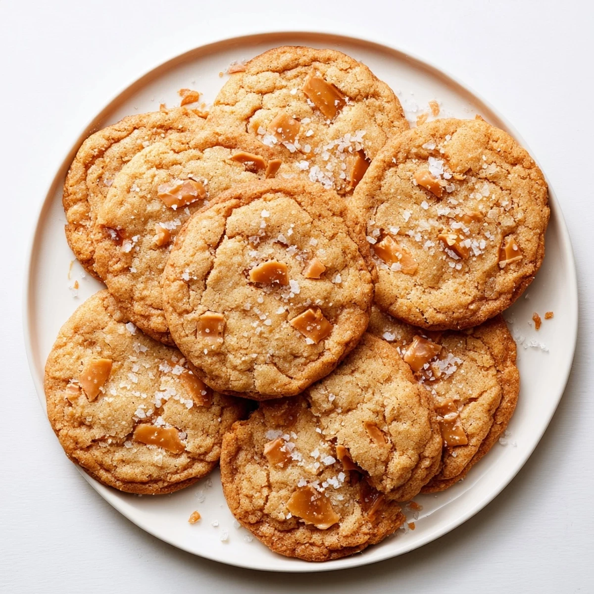 Stack of soft sea salt caramel cookies sprinkled with crunchy flaky sea salt on a white plate