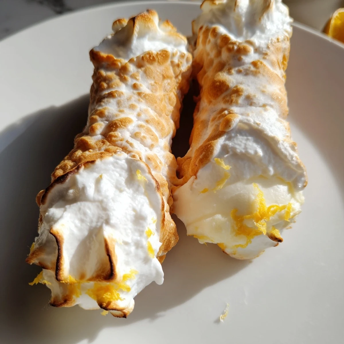 Golden brown Easy Lemon Meringue Cannoli filled with creamy zesty lemon ricotta and topped with toasted fluffy meringue swirls