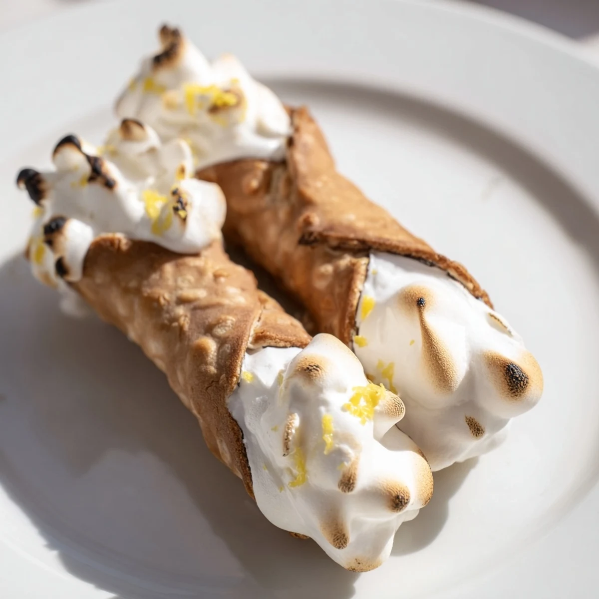 Two Easy Lemon Meringue Cannoli resting on a white plate showcasing golden shells, pale yellow filling, and golden brown meringue tops
