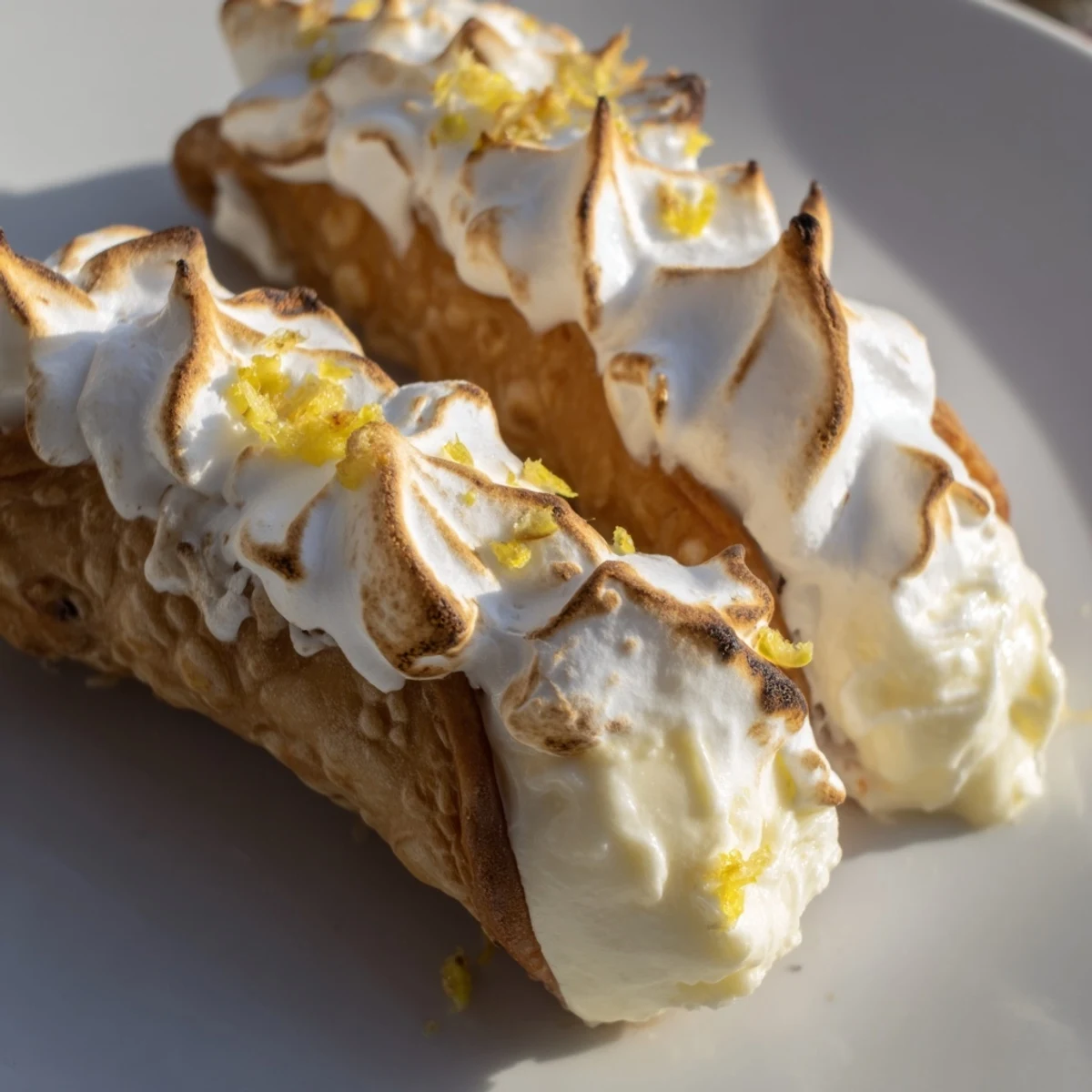 Crispy cannoli shells piped with tart lemon cream and crowned with lightly torched meringue peaks in this Italian dessert