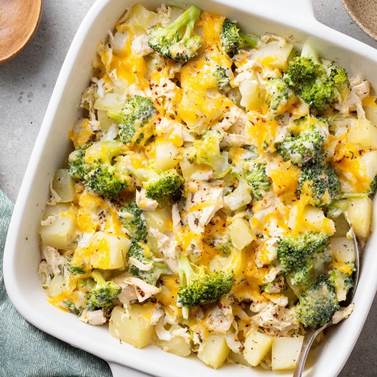 Golden baked potato chicken broccoli casserole with melted cheddar cheese bubbling on top