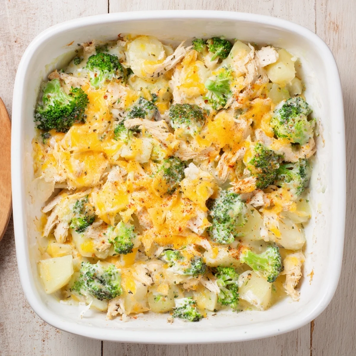 Creamy potato chicken broccoli casserole fresh from the oven with tender vegetable chunks