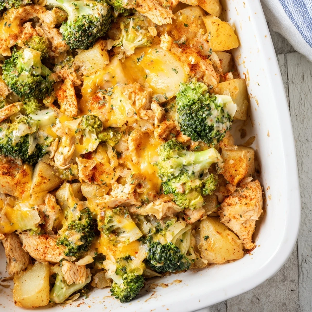 Hearty baked potato chicken broccoli casserole served in a white baking dish with crispy cheesy topping