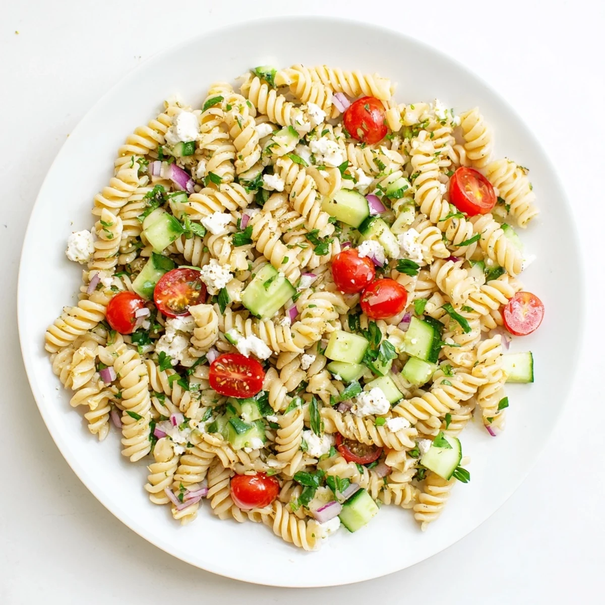 Fresh lemon pasta salad featuring colorful cherry tomatoes cucumber and herbs on a rustic wooden picnic table