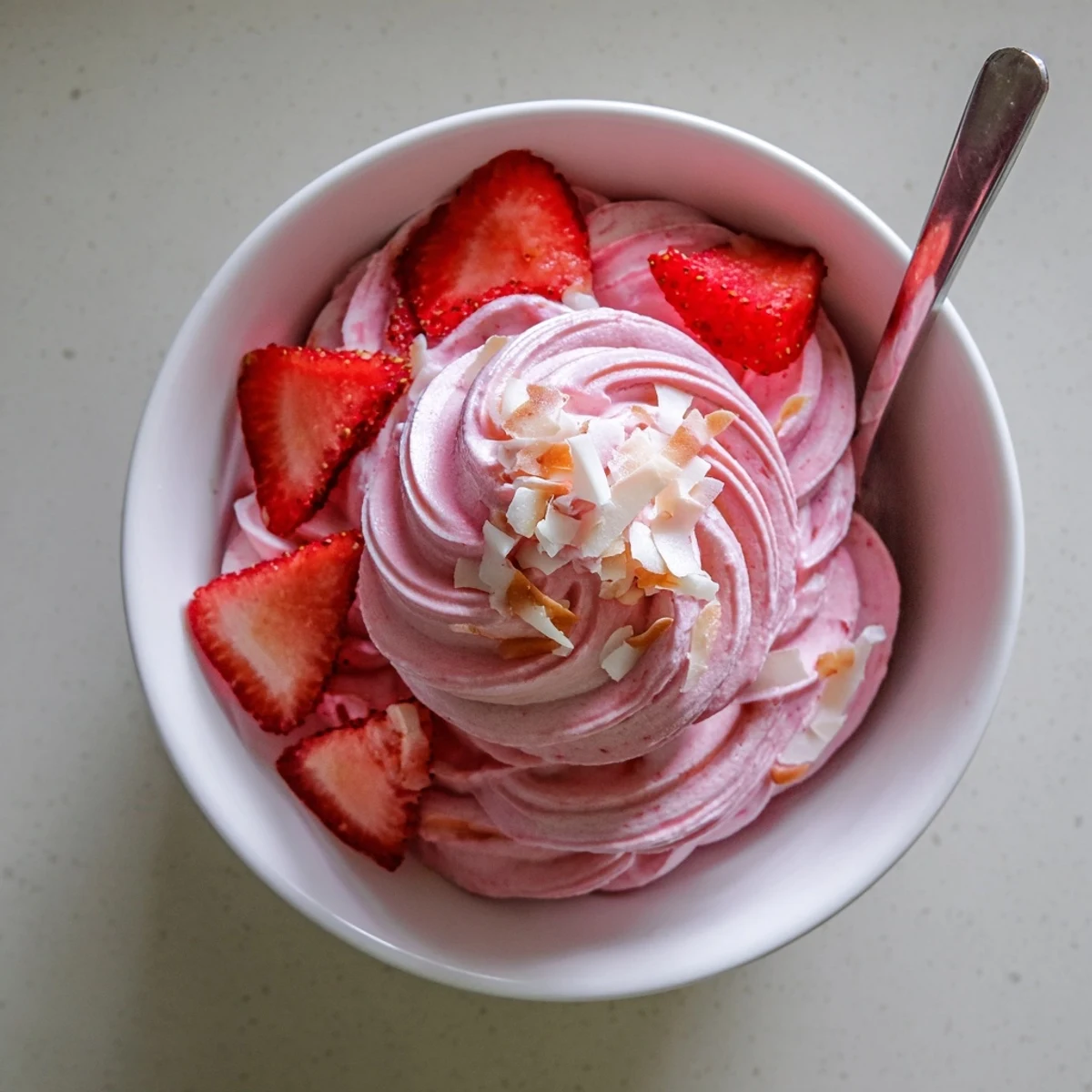Creamy frozen strawberry Dole Whip swirl served in a bowl with fresh strawberry topping