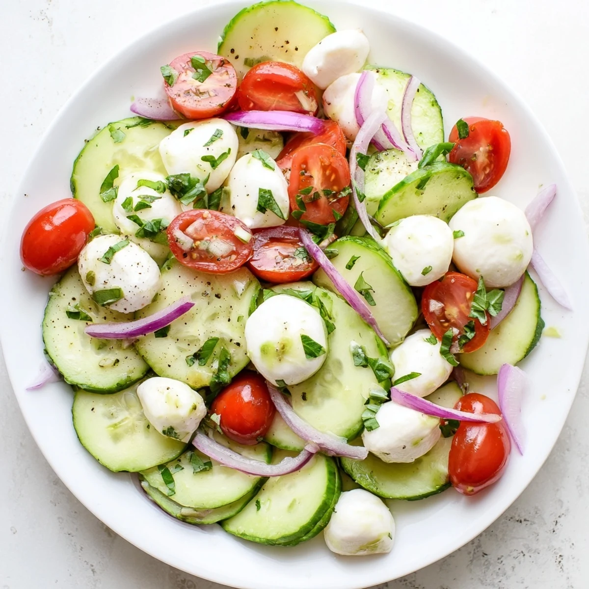 Fresh cucumber mozzarella salad with crisp vegetables and creamy bocconcini in herb dressing