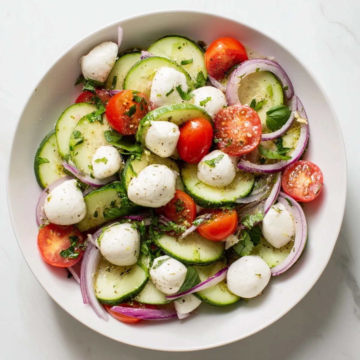 Colorful bowl of cucumber mozzarella salad drizzled with zesty olive oil and fresh basil
